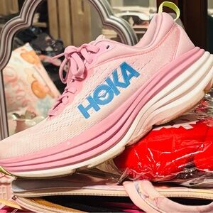 Hoka Light Pink and Lime Sneakers